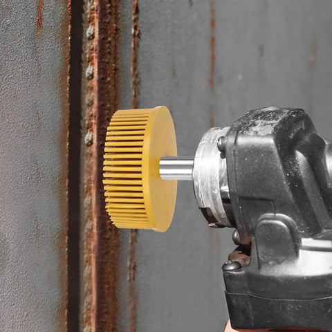 Power drill with bristle disc attached, used for metal surface preparation, demonstrating 4 Pack 2 Inch 50 Grit Bristle Disc Brushes For Deburring And Coating Removal On Metal With Quick Change Roll Lock System Green Harfington Pro Grade Heavy Duty Rubber And Diamond Construction in action.