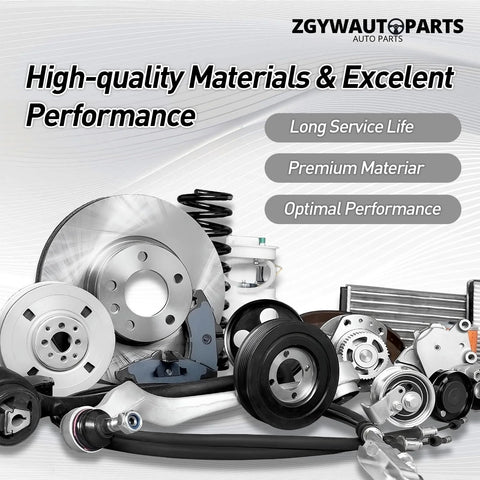 Assorted high-quality auto parts including brake discs, springs, and hub bearings with text on performance benefits.