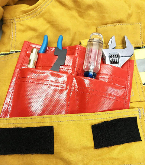 Red 4 Pocket Firefighter Tool Pouch for Police Belts and EMS Glove Pouch with tools, made from rubberized nylon, in turnout gear.