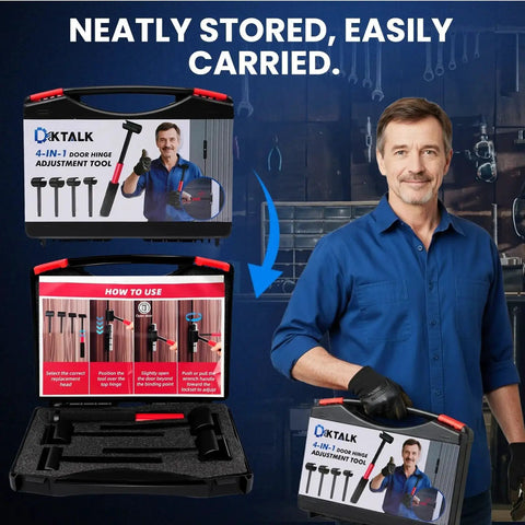 Man holding 4 In 1 Door Hinge Adjustment Tool for residential and commercial use, shown in a storage case, durable alloy steel.