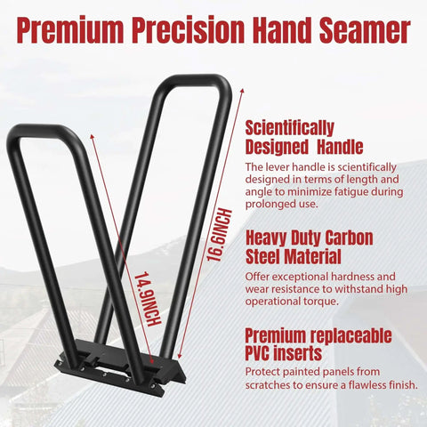 Heavy Duty Hand Seamer with 14.9-inch scientifically designed handle for standing seam roofing, carbon steel, and PVC inserts