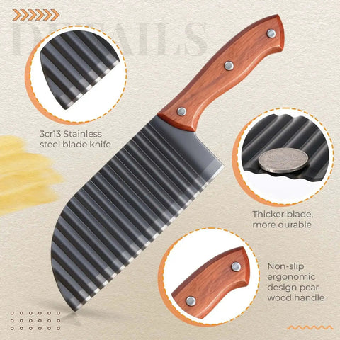 Close-up of a crinkle cutter with stainless steel wavy blade and wooden handle, part of a 2 Piece Crinkle Cutter Set for Potatoes and Veggies With Stainless Steel Wavy Blades and Wooden Handles, Your Go To Tool For Fries, Waffle Fries, Pickle Chips, Fruit Slices, Salad Garnishes, And Easy Food Presentation.