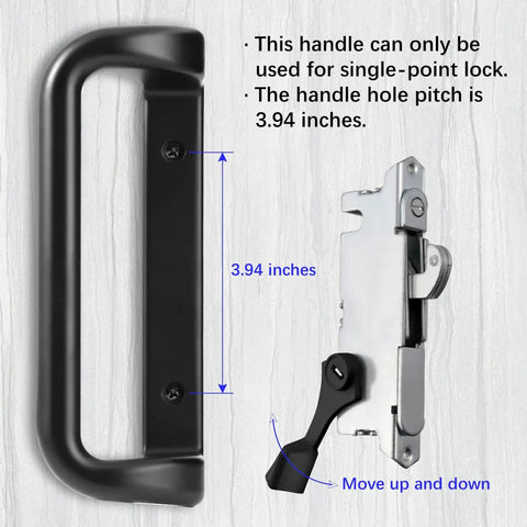 Black Patio Door Handle Set With Mortise Lock For Replacement Sliding Glass Doors, 3.94 Inch Hole Spacing, Single-Point Lock