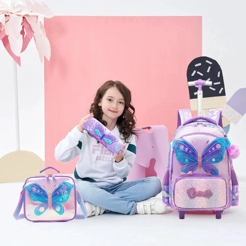 Girls Rolling Backpack With Wheels For Kids Ages 5 To 12, 3D Butterfly Design, Meetbelify School Roller Backpack set with girl