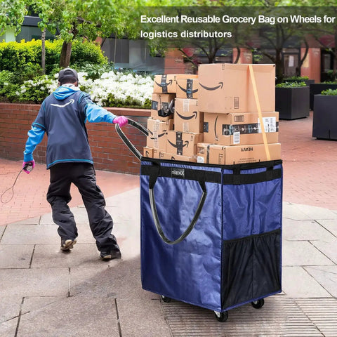 Person pulling Navy Medium Reusable Grocery Bag On Wheels With 70L Foldable Rolling Tote Carries Up To 66 Lbs through urban area