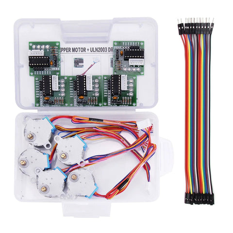 Stepper motor kit: five 28BYJ-48 5V steppers with ULN2003 boards and rainbow wiring in a plastic case