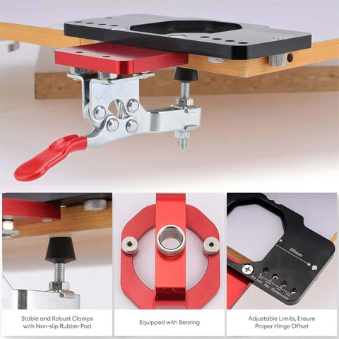 Close-up of 35mm hinge jig for cabinet doors, precision drilling guide, rugged aluminum alloy build, adjustable for accurate installations.