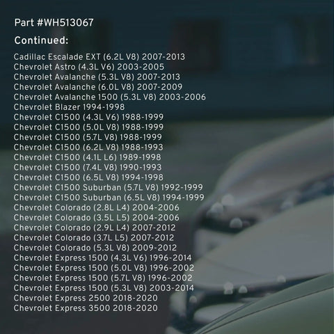 List of GM vehicles compatible with Rear Wheel Bearing WH513067 with text over image of vehicle hood.