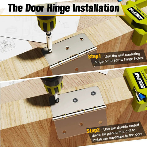 Hinge Mortising Router Template Pro Grade For 3 To 5 Inch Hinges Fits Square And Round Corner Hinges Includes 1/4 Inch And 5/8 Inch Radius Inserts Integrated Jig For Precise Mortises Easy Install demonstration with drill and hinge on door.