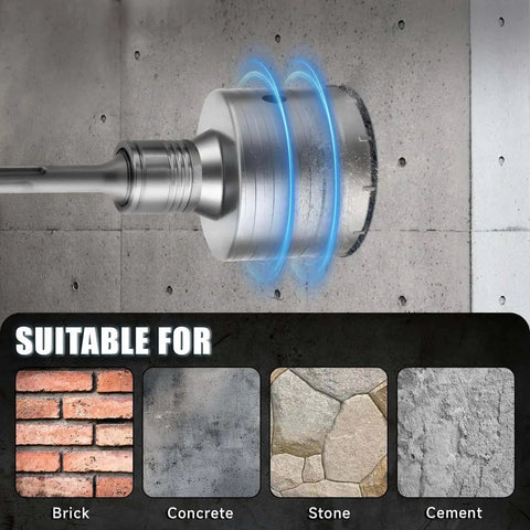 Pro Grade Heavy Duty Concrete Hole Saw Kit With Upgraded SDS Plus And Max Shanks For 30 40 50 65 80 100 And 110 MM Drilling Includes Centering Bits Great For Concrete Brick Stone And Cement Walls Zeliceka close-up drilling into concrete wall.