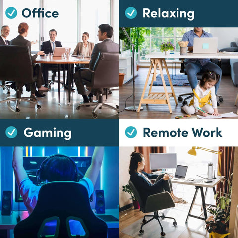 Four scenes showing different activities: office meeting, relaxing at home, gaming session, remote work setup