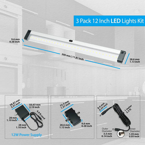 Diagram showing Wave On Wave Off Hands Free Under Cabinet LED Lighting Kit, Dimmable 3 Pack 12 Inch, dimensions, connectors, and components.
