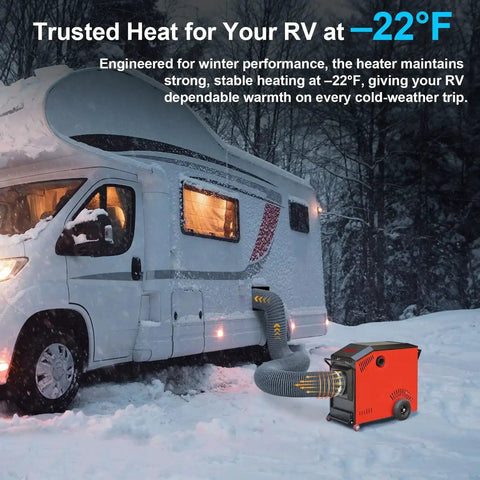 Heavy Duty 3 Inch By 6 Ft Flexible Nylon Heater Vent Hose connecting RV and heater in snowy landscape, -22°F conditions