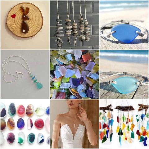 Collage of jewelry and décor items including sea glass pendants, rustic hanging ornaments, and multicolored beads.