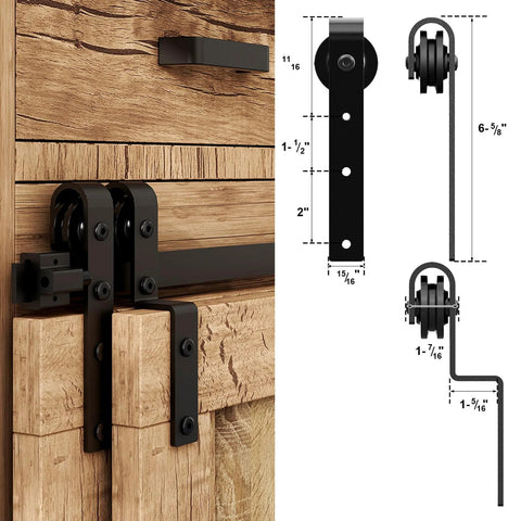 Close-up of 4Ft Bypass Mini Barn Door Hardware Kit DIY Ready For Double Sliding Doors Roller Set In Black Coated Steel Hardware Only