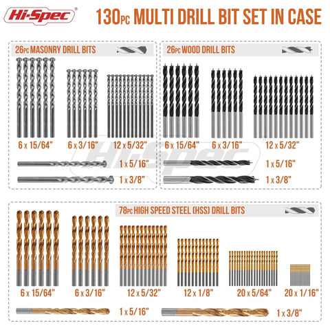 Image of 130 Piece Drill Bit Set With Titanium HSS Bits For Metal Wood Plastic And Masonry Includes Eleven Size Range From One Sixteenth To Three Eighths Inch With Masonry And Brad Point Bits Plus A Sturdy Tray Case Ideal For Home DIY Projects, shown with arranged drill bits.