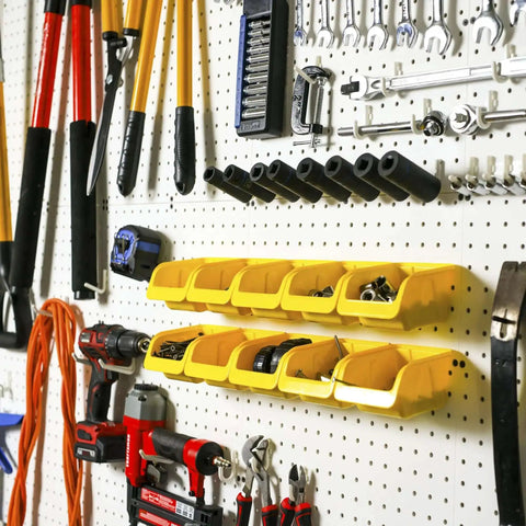36 Pack Pegboard Bin Kit With 18 Medium And 18 Large Yellow Bins for Garage Workshop Craft Room Office and Workbench Organization