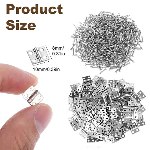 100 Pack Mini Hinges For Crafts Three Tenths By Four Tenths Inch Tiny Metal Hinge 180 Degree For DIY Enthusiast Miniature Furniture Jewelry Box Dollhouse Cabinet With Four Hundred Screws Silver shown with loose screws and close-up in hand.