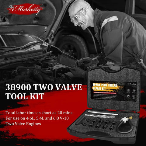 Two Valve Ford Triton Spark Plug Thread Repair Kit For 4.6L 5.4L V10 Engines with tools in case, mechanic working on engine