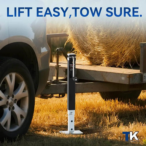 8000 Lbs Square Trailer Jack With 15 Inch Lift And 12 Inch Adjustable Drop Leg installed on a trailer, lifting trailer
