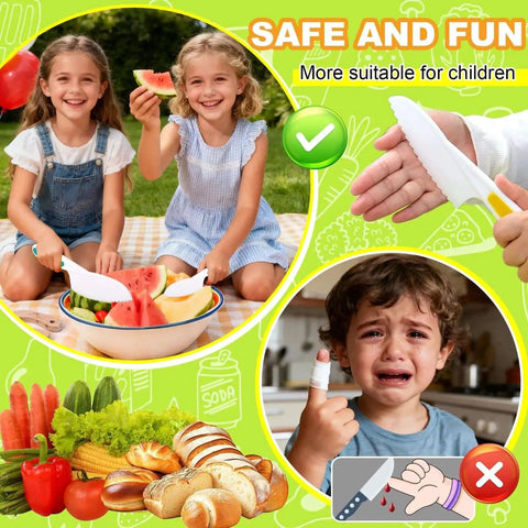 Children using 46 Piece Kids Knife Set For Toddlers Real Cooking Skills Montessori Kitchen Toys With Safe Wooden Knife Crinkle Cutter Y Peeler Cutting Boards Cake Scrapers Serrated Kid Knives Measuring Spoons Cutting Molds Fruit Forks Great Gift For Boys And Girls