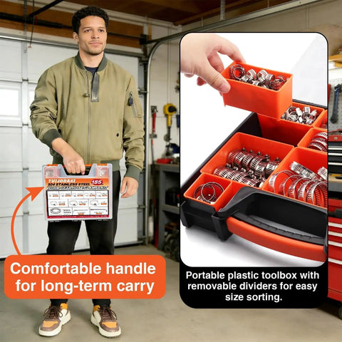 Man holding Pro Grade 185 Piece 304 Stainless Steel Anti Rust Hose Clamp Kit with organizer box, comfortable handle