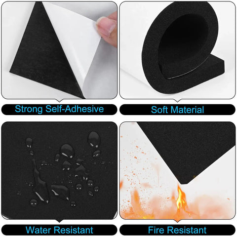 Eight Pack Adhesive Neoprene Foam Padding Sheets Half Inch Thick Four By Four Inches Self Stick Vibration Dampening Pads For Furniture Cars Speakers And DIY Projects Water Resistant Durable From Minus Fifty To One Hundred Fifty Degrees showcasing self-adhesive, soft, water, and fire-resistant features.