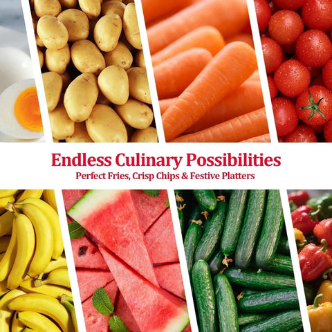 Variety of vegetables and fruits including potatoes, carrots, tomatoes, bananas, watermelon, and cucumbers, highlighting meal prep possibilities.