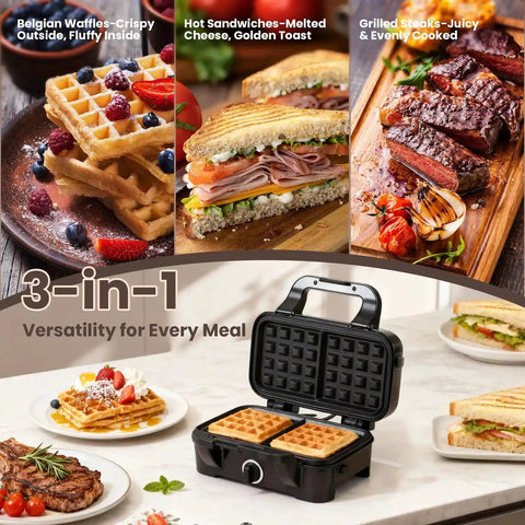 Three In One Waffle Maker With Removable Plates for waffles, sandwiches, and pancakes; nonstick surfaces, browning control, indicator lights