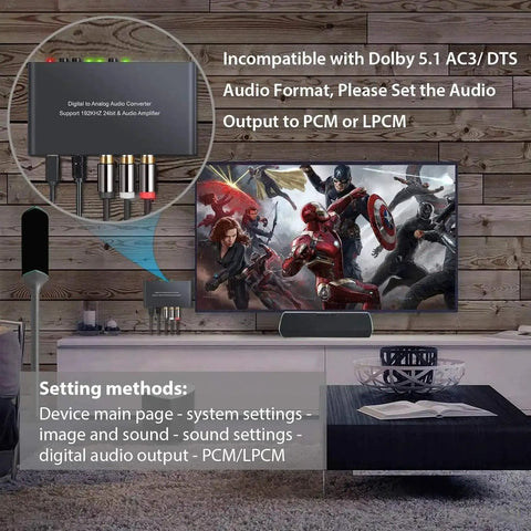 Home theater setup with High Fidelity 192kHz Digital to Analog Audio Converter and TV showing action movie scene, focus on product usage.
