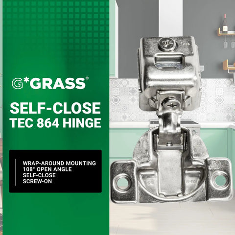 Premium USA Made 108 Degree 1-1/4 Inch Overlay Self Close Screw-On Compact Cabinet Hinge for Face Frame Cabinets 3-Way Adjustment 45mm Hole Pattern 10 Pack G04493-15 Grass TEC 864 displayed against kitchen backdrop