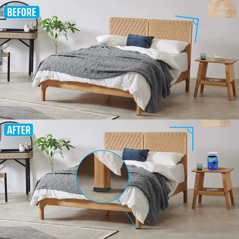 Before and after using Non Slip Rubber Furniture Levelers Shims with a bed in a bedroom, highlighting stability improvement.