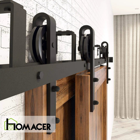 Black Rustic Double Track U Shape Bypass Sliding Barn Door Hardware Kit For Two Doors 9ft Flat Track With Spoke Wheel Rollers