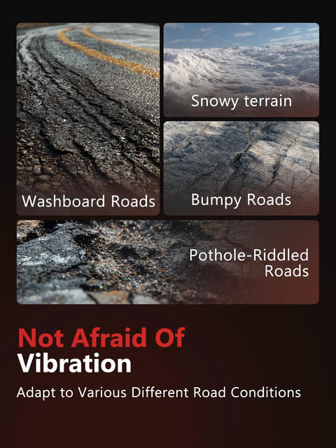 Collage of four road conditions: snowy terrain, washboard roads, bumpy roads, and pothole-riddled roads with vibration text overlay.