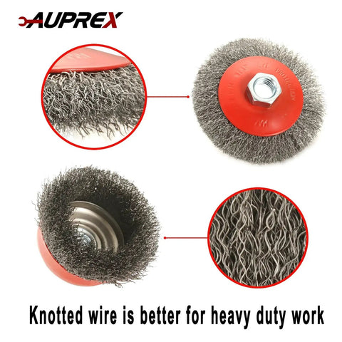 Four Pack Wire Wheel And Cup Brush Set For Four And A Half Inch Angle Grinder With Five Eighths Inch Eleven Threaded Arbor shown with close-up of knotted wire brushes