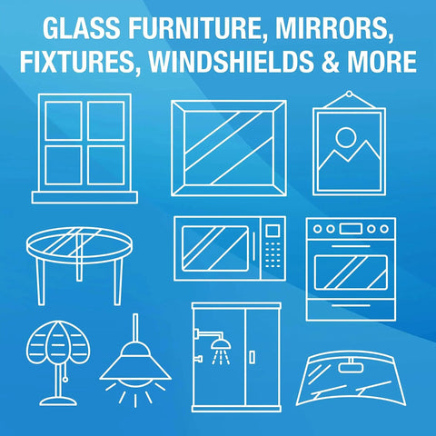 Illustrated uses for Streak Free Glass Cleaning Wipes For Mirrors Windows Kitchen Car 60 Count showing various glass surfaces.