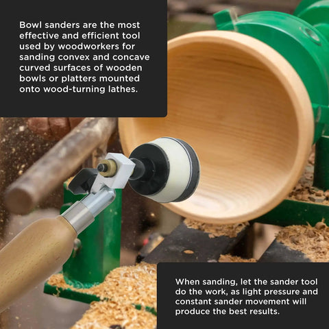 Woodturning Bowl Sander Kit With One And Two Inch Hook And Loop Backing Pads, Fifty Sanding Discs From Sixty To Three Hundred Twenty Grit, Dual Bearing, Hardwood Handle, One Quarter Inch Mandrel, Sandpaper Woodworking Tool Set By Dura Gold used on a lathe with wooden bowl.