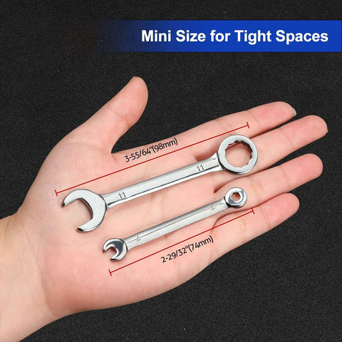 Metric 10 Piece Mini Wrench Set With Open End And Box End Handles From 4mm To 11mm displayed in hand for size illustration.