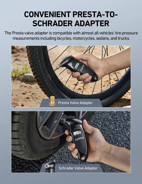 Digital Tire Pressure Gauge With Backlit LCD, Non Slip Grip, And Replaceable AAA Batteries For Cars Trucks And Bikes, 0-150 PSI Four Units Bar KPa KgF Cm2 Presta Valve Adapter Included shown measuring tire pressure.