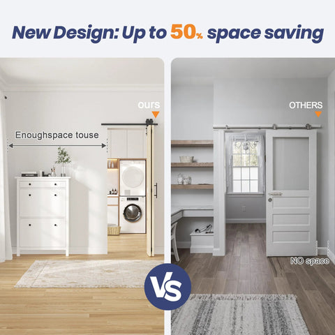 Comparison of modern rustic 30-Inch By 84-Inch Bifold Barn Door With Hardware Kit and traditional door, highlighting space-saving design.