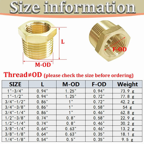 Size chart for Three Eighths Inch MNPT To One Eighth Inch FNPT Brass Reducer Bushing, Heavy Duty Hex Head Pipe Fitting Reducing Adapter