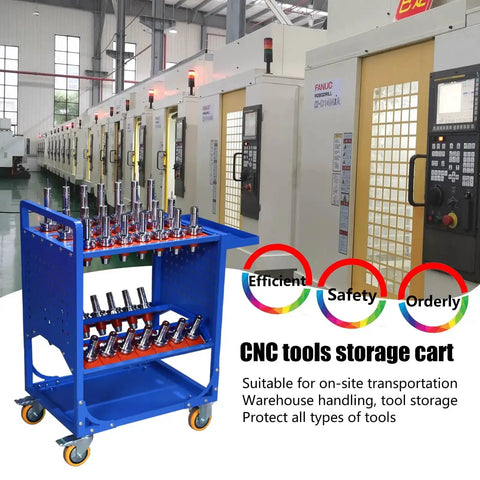 Blue Classic Mobile CNC Tool Storage Cart With Wheels For CAT40 CNC Tool Holders And Machining Centers in warehouse environment