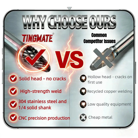 Infographic comparing product features: solid head, high-strength weld, 304 stainless steel shank vs. competitor issues.
