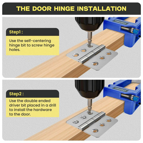 Blue Door Hinge Jig And Router Template For 3 To 5 Inch Hinges, installed on wooden plank with hinge installation steps