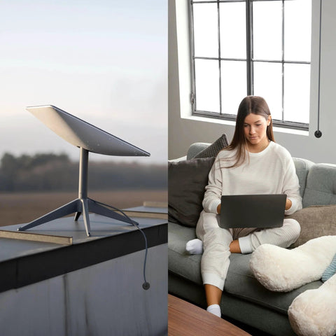 Starlink satellite dish on a roof next to a woman using a laptop indoors, illustrating internet connectivity through Two Pack Silicone Wall Bushing For Three Quarters Inch Holes Compatible With Starlink Waterproof Cable Pass Through Grommet Routing Kit Accessories Split Design Wrap Around Installation Durable.