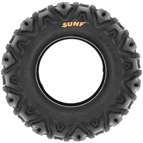 Top view of All Terrain UTV Tire Set 27x9-12 Front And 27x11-12 Rear Tubeless 6 Ply A033 Durable ATV Tires showing beefy tread.