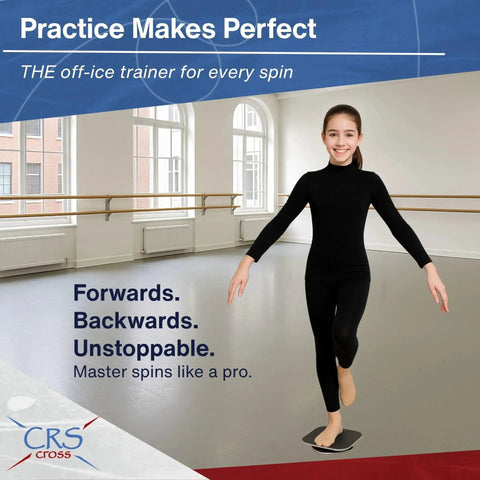 Girl demonstrating Off Ice Figure Skating Spinner Training Aid for Balance and Centering Spins on any flat surface.