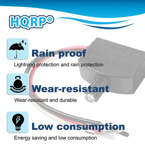 Two Pack Photocell Sensor LED Light Switch showcasing rainproof, wear-resistant, and low consumption features with text details.