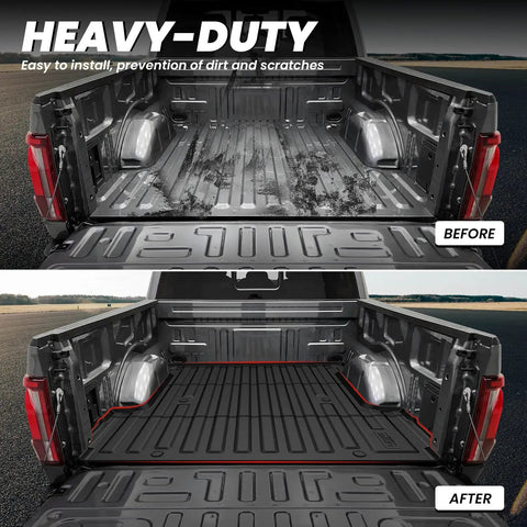 Ford F150 5.5 Foot Bed Mat For 2024 2025 2026 F150 And F150 Lightning All Weather TPE Truck Bed Liner shown in before and after installation.