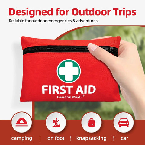 Must Have 110 Piece Mini Grab And Go First Aid Kit for Travel Home Office Car And Outdoors in hand